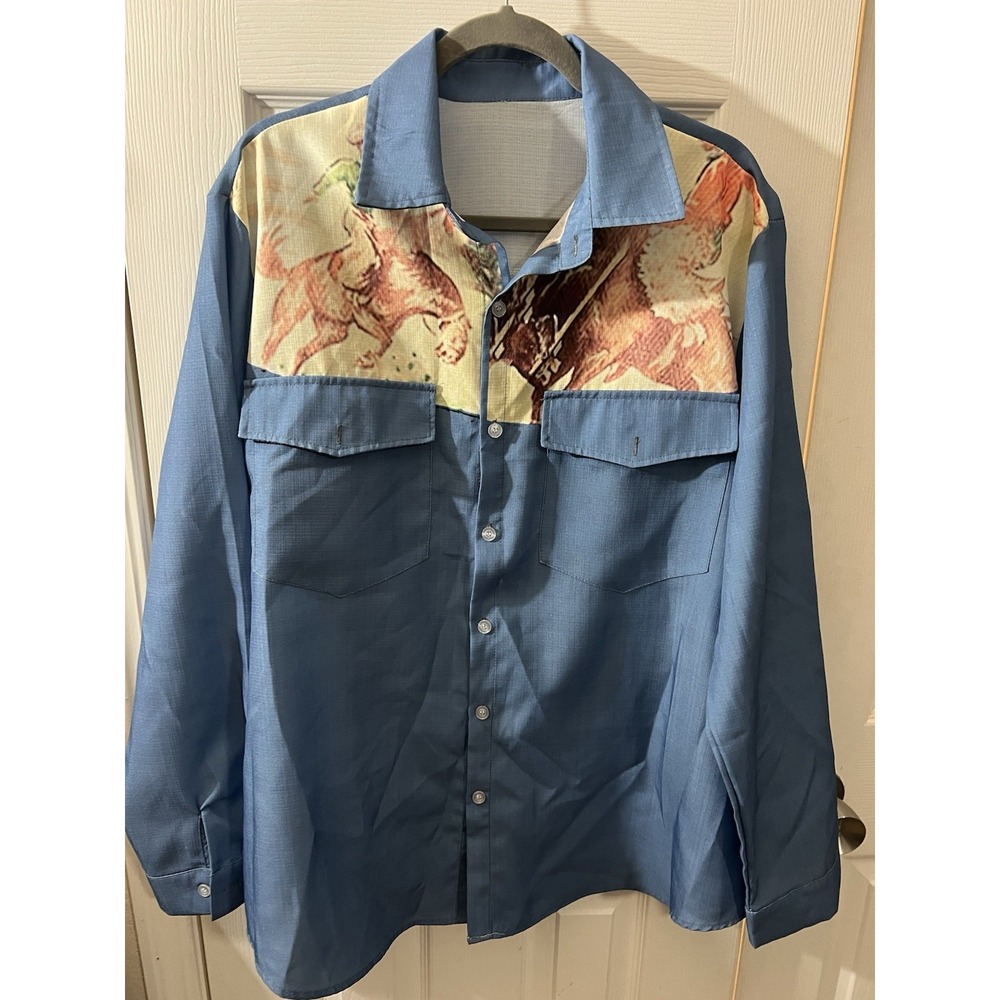 Unbranded Blue Western Print Long Sleeve Button Up Acrylic Shirt Oversize Large